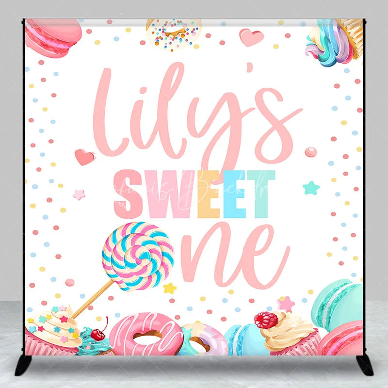 Lofaris Personalized Sweet One First Birthday Custom Backdrop Pastel Candy Dessert Theme with Macarons and Donuts