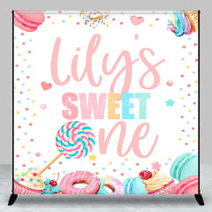 Lofaris Personalized Sweet One First Birthday Custom Backdrop Pastel Candy Dessert Theme with Macarons and Donuts
