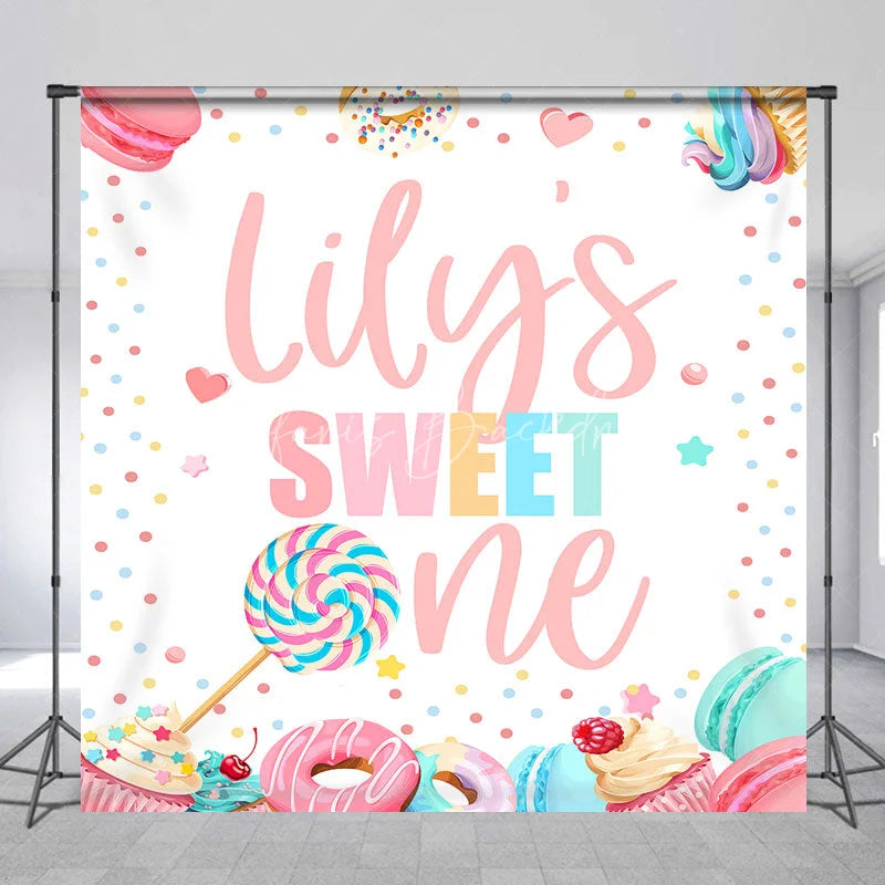 Lofaris Personalized Sweet One First Birthday Custom Backdrop Pastel Candy Dessert Theme with Macarons and Donuts