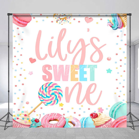 Lofaris Personalized Sweet One First Birthday Custom Backdrop Pastel Candy Dessert Theme with Macarons and Donuts