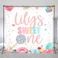 Lofaris Personalized Sweet One First Birthday Custom Backdrop Pastel Candy Dessert Theme with Macarons and Donuts
