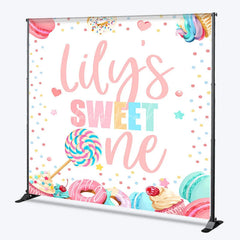 Lofaris Personalized Sweet One First Birthday Custom Backdrop Pastel Candy Dessert Theme with Macarons and Donuts