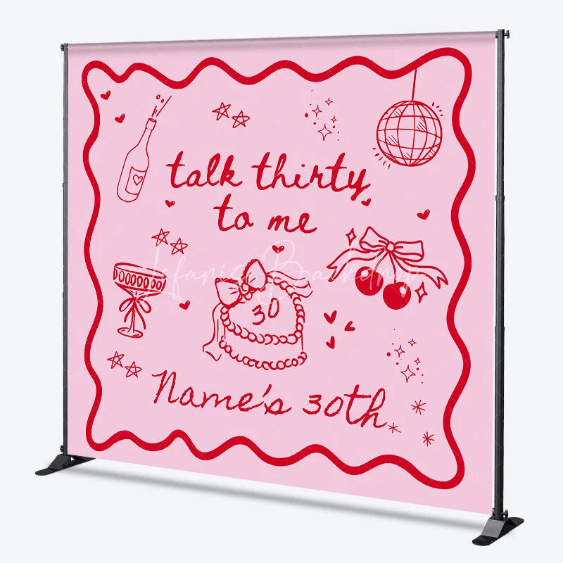 Lofaris Personalized Talk Thirty to Me 30th Birthday Backdrop Red Doodles and Cherries on Pink Background Custom Name Party Decor