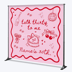 Lofaris Personalized Talk Thirty to Me 30th Birthday Backdrop Red Doodles and Cherries on Pink Background Custom Name Party Decor