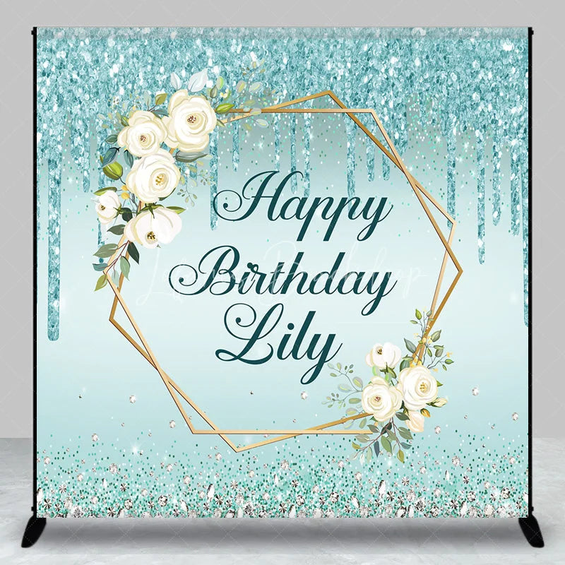 Lofaris Personalized Teal Glitter Happy Birthday Custom Backdrop Elegant Gold Geometric Frame with White Roses Decor