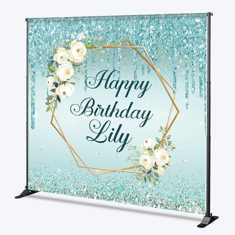 Lofaris Personalized Teal Glitter Happy Birthday Custom Backdrop Elegant Gold Geometric Frame with White Roses Decor