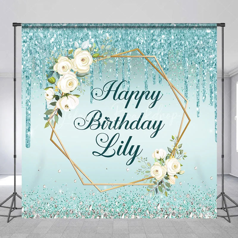 Lofaris Personalized Teal Glitter Happy Birthday Custom Backdrop Elegant Gold Geometric Frame with White Roses Decor
