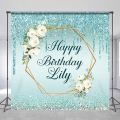 Lofaris Personalized Teal Glitter Happy Birthday Custom Backdrop Elegant Gold Geometric Frame with White Roses Decor