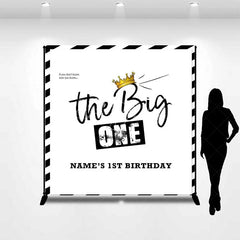 Lofaris Personalized The Big One 1st Birthday Backdrop Black and White Stripes with Gold Crown Party Background