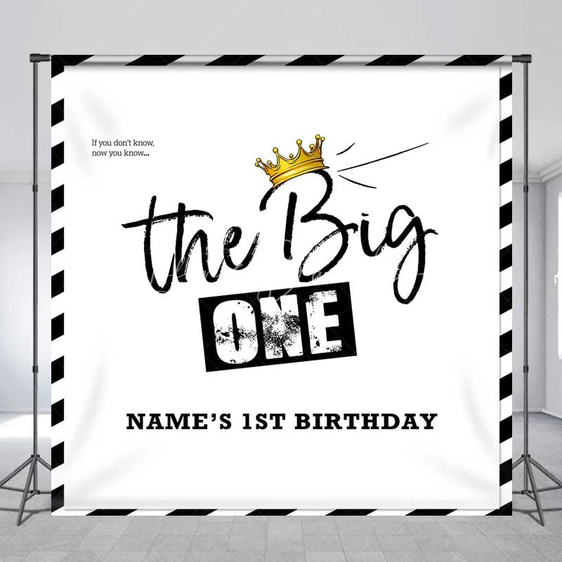 Lofaris Personalized The Big One 1st Birthday Backdrop Black and White Stripes with Gold Crown Party Background