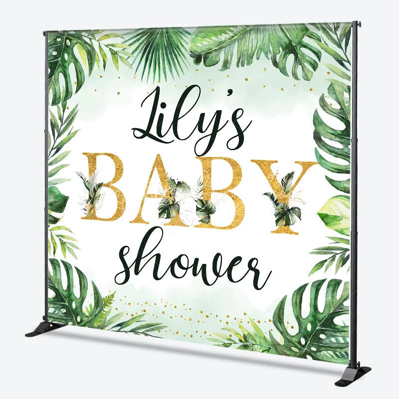 Lofaris Personalized Tropical Baby Shower Backdrop Wild Jungle with Greenery and Gold Custom Name Safari Party Decor