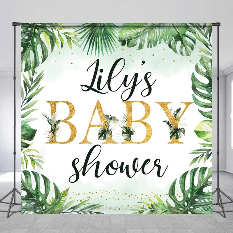 Lofaris Personalized Tropical Baby Shower Backdrop Wild Jungle with Greenery and Gold Custom Name Safari Party Decor