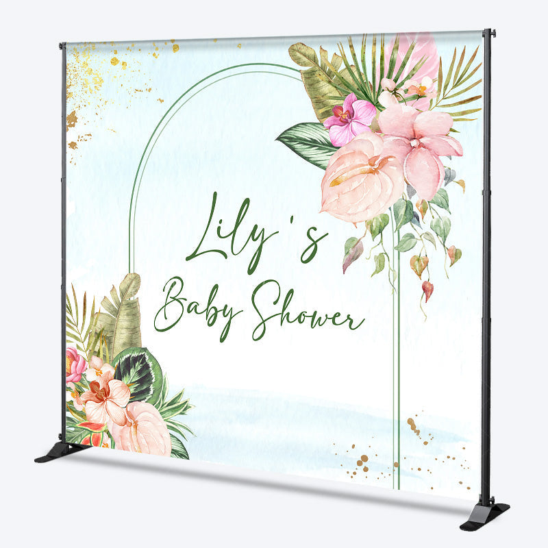 Lofaris Personalized Tropical Floral Baby Shower Backdrop Aloha Luau Palm Leaves and Anthurium Theme Custom Name Arch Banner