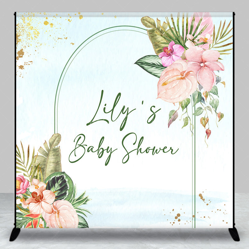 Lofaris Personalized Tropical Floral Baby Shower Backdrop Aloha Luau Palm Leaves and Anthurium Theme Custom Name Arch Banner