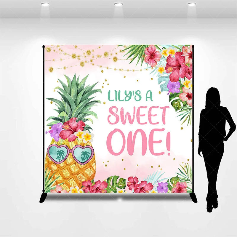 Lofaris Personalized Tropical Pineapple Sweet One Backdrop with Hibiscus Flowers and Palm Leaves First Birthday Party Decor