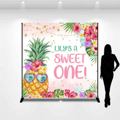 Lofaris Personalized Tropical Pineapple Sweet One Backdrop with Hibiscus Flowers and Palm Leaves First Birthday Party Decor