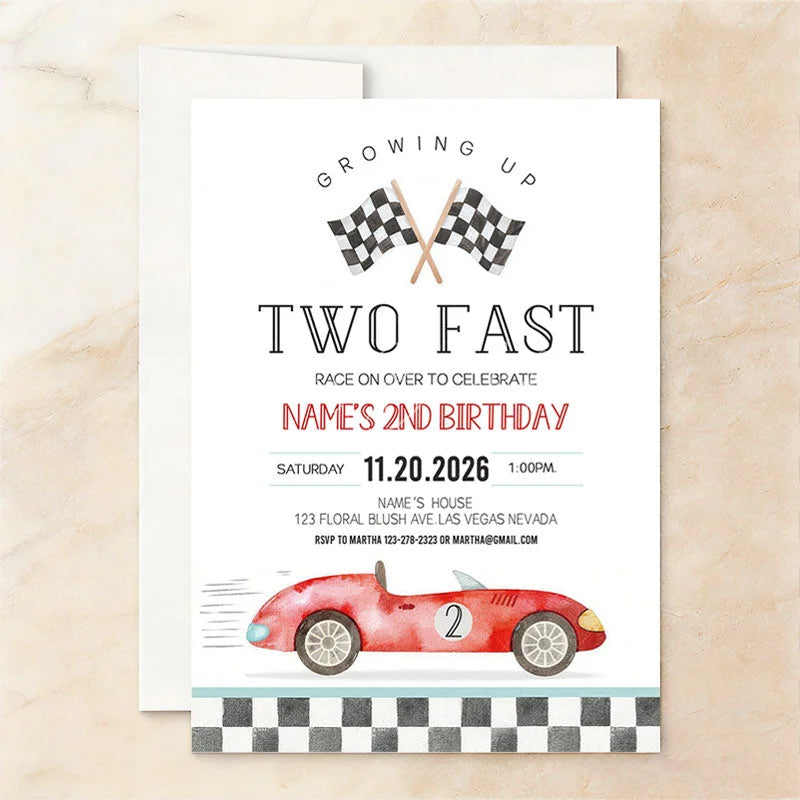 Lofaris Personalized Two Fast Racing Car 2nd Birthday Invitation Custom Checkered Flag Party Decor for Boys