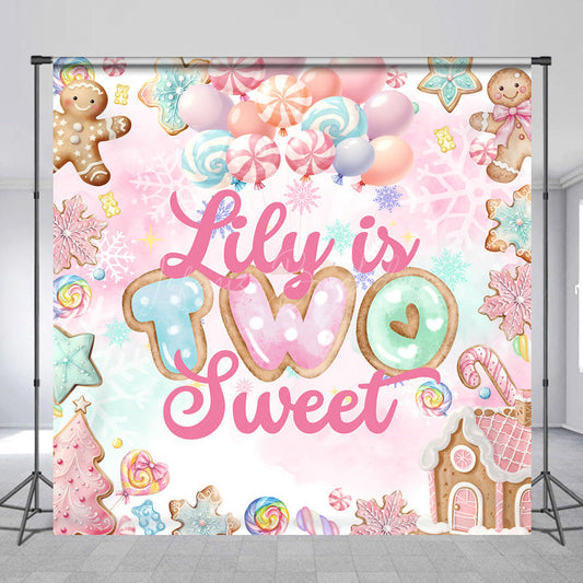 Lofaris Personalized Two Sweet 2nd Birthday Backdrop Candyland Gingerbread and Lollipop Theme Winter Shoppe Party Decor