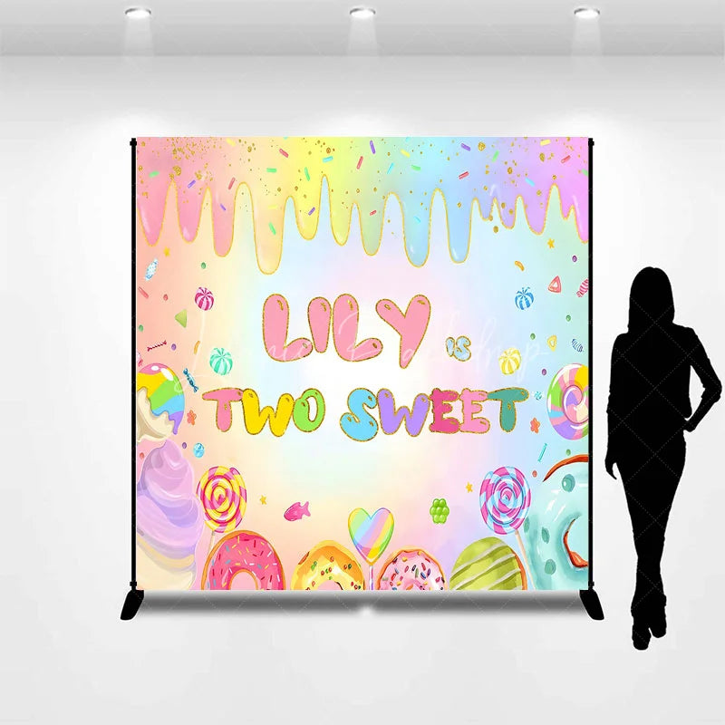 Lofaris Personalized Two Sweet Candy World Backdrop Custom Name Pastel Rainbow Donut Party Banner