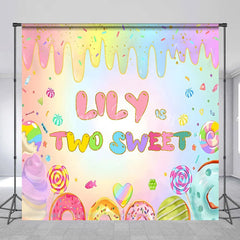 Lofaris Personalized Two Sweet Candy World Backdrop Custom Name Pastel Rainbow Donut Party Banner