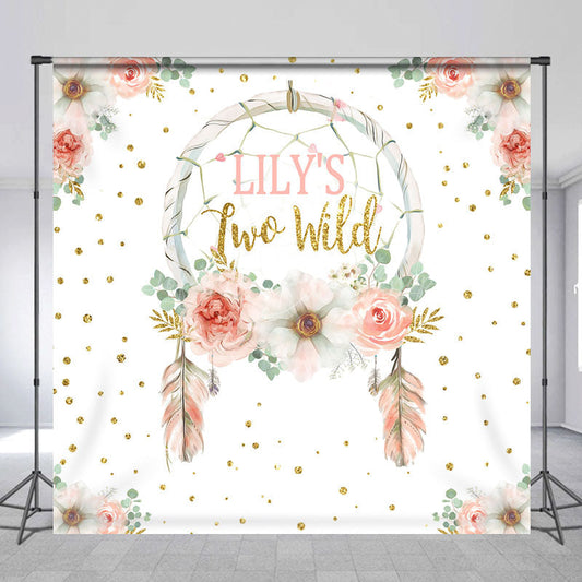 Lofaris Personalized Two Wild 2nd Birthday Backdrop Boho Floral Dreamcatcher Theme Custom Name Party Decor for Girl