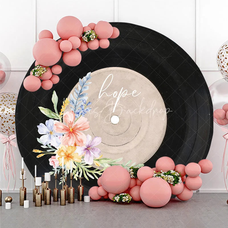 Lofaris Personalized Vinyl Record Round Backdrop Boho Floral Music Theme Groovy Retro Wedding Photo Booth Prop