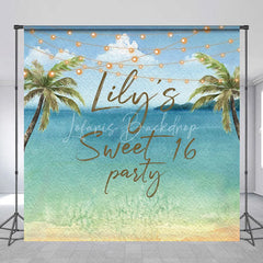 Lofaris Personalized Watercolor Tropical Beach Custom Backdrop Sweet 16 Party with Palm Trees and String Lights