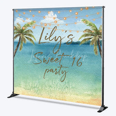 Lofaris Personalized Watercolor Tropical Beach Custom Backdrop Sweet 16 Party with Palm Trees and String Lights