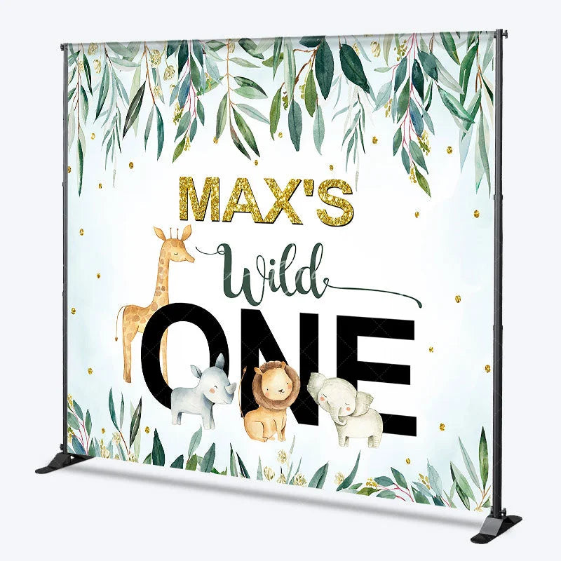Lofaris Personalized Wild One Custom Birthday Backdrop Watercolor Jungle Animals and Green Leaves 1st Decor