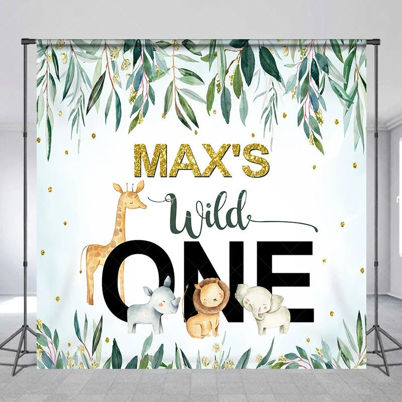 Lofaris Personalized Wild One Custom Birthday Backdrop Watercolor Jungle Animals and Green Leaves 1st Decor