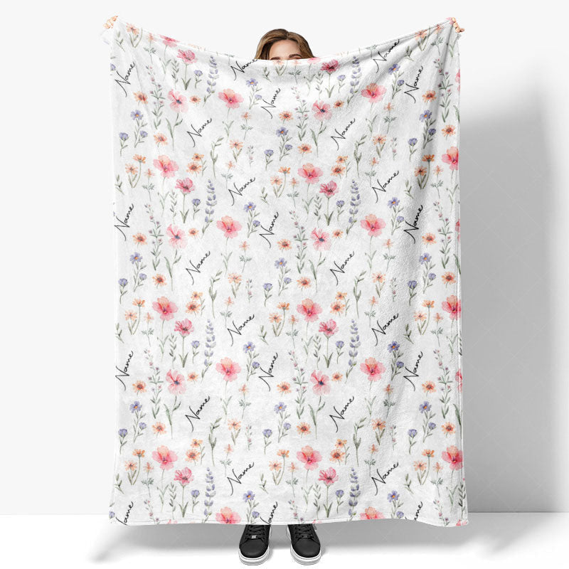 Lofaris Personalized Wildflower Floral Blanket with Custom Name Botanical Meadow for Baby Girl Nursery Decor Gift