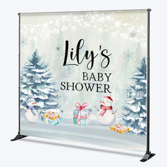 Lofaris Personalized Winter Baby Shower Backdrop It’s Cold Outside Snowman Snowy Pine Trees Decor