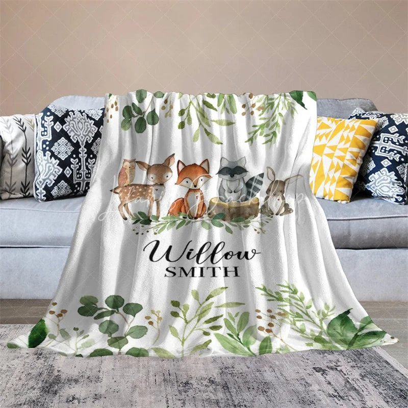 Lofaris Personalized Woodland Animals Blanket with Custom Name Fox Deer Raccoon Nursery Decor Baby Shower Gift