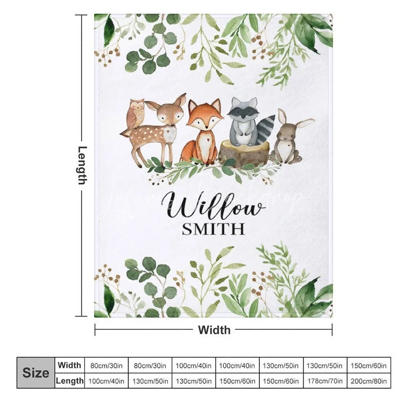 Lofaris Personalized Woodland Animals Blanket with Custom Name Fox Deer Raccoon Nursery Decor Baby Shower Gift