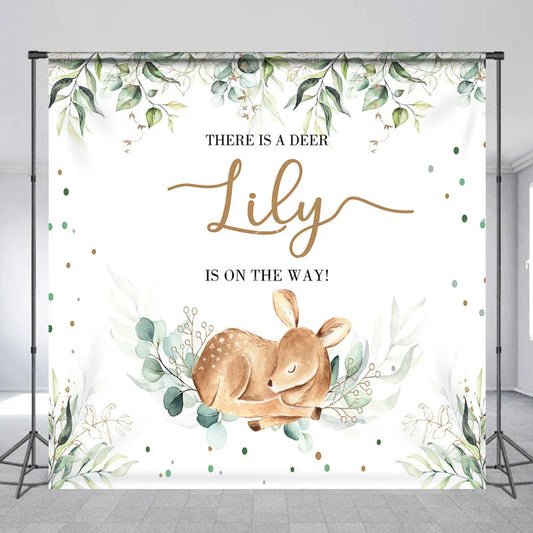 Lofaris Personalized Woodland Baby Deer and Eucalyptus Custom Backdrop Gender Reveal Shower Party Decor