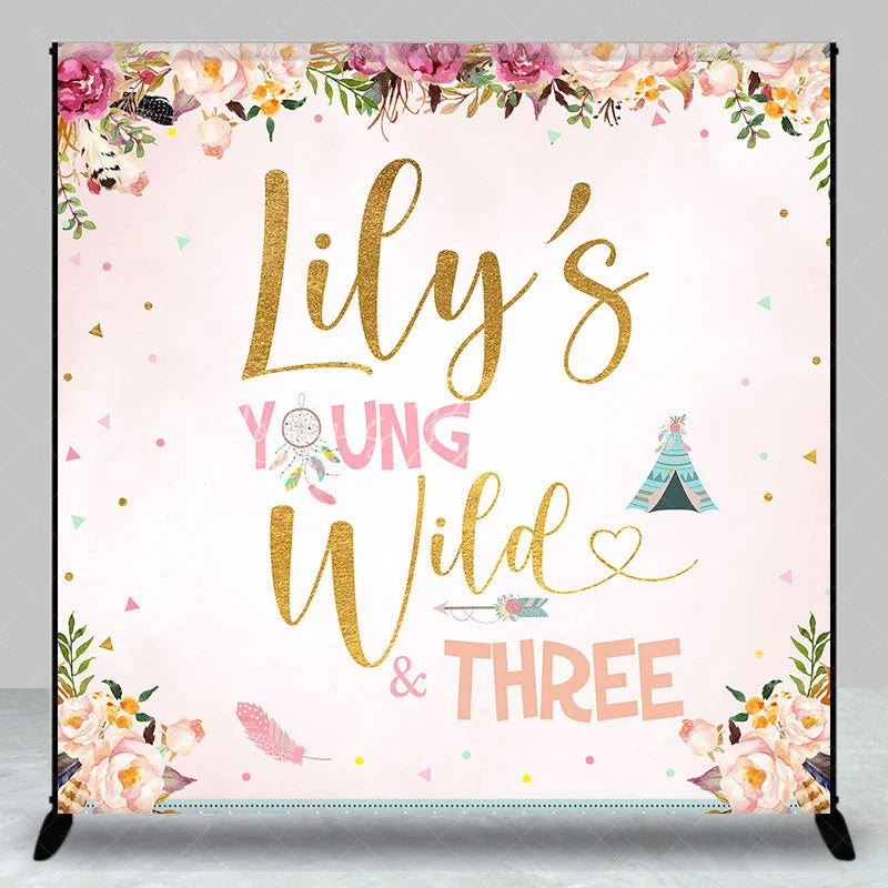 Lofaris Personalized Young Wild and Three Custom Backdrop Floral Boho Birthday Party Decor for Kids