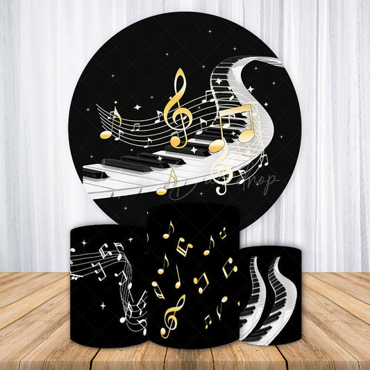 Lofaris Piano Keys and Golden Music Notes Round Backdrop Kit for Musician Birthday Recital Party Photo Booth Decor