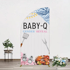 Lofaris Picnic Wooden Baby Q Gender Reveal Half Moon Arch Backdrop