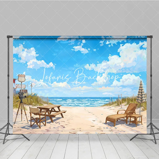 Lofaris Picturesque Blue Sky Beach Ocean Photography Backdrop Lounge Chair and Vintage Camera Summer Vacation Scene