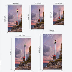 Lofaris Picturesque Lighthouse and Ocean Sunset Rectangle Arch Backdrop Coastal Rocky Beach Photography Prop with Autumn Trees