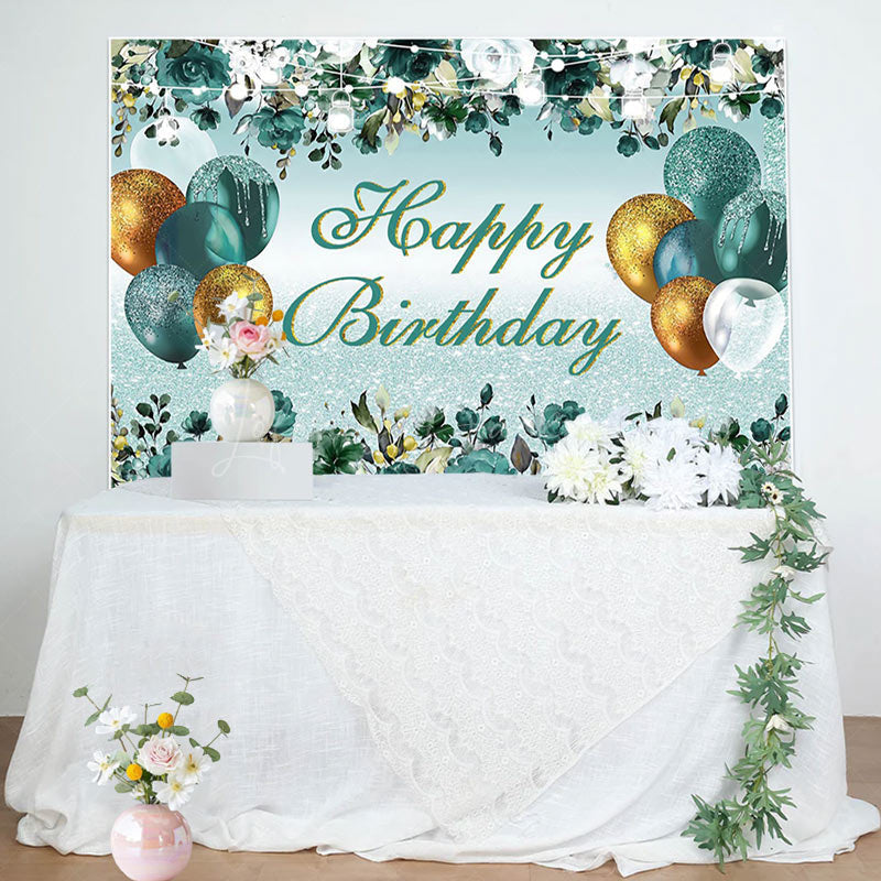 Lofaris Pine Green Glitter Gold Happy Birthday Backdrop