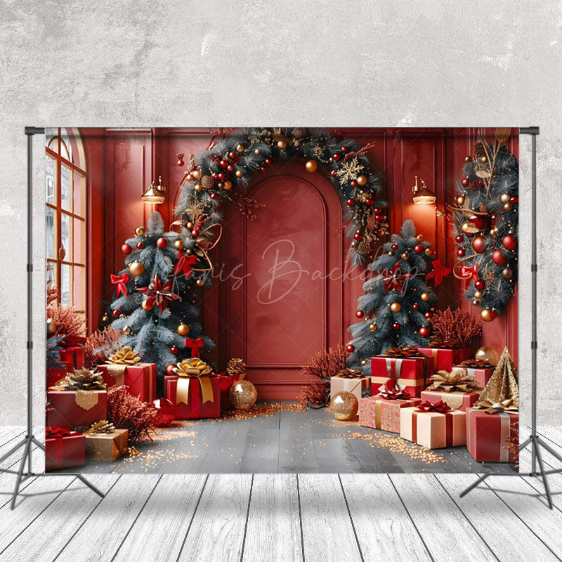 Lofaris Pine Leaves Arch Retro Red Room Christmas Backdrop