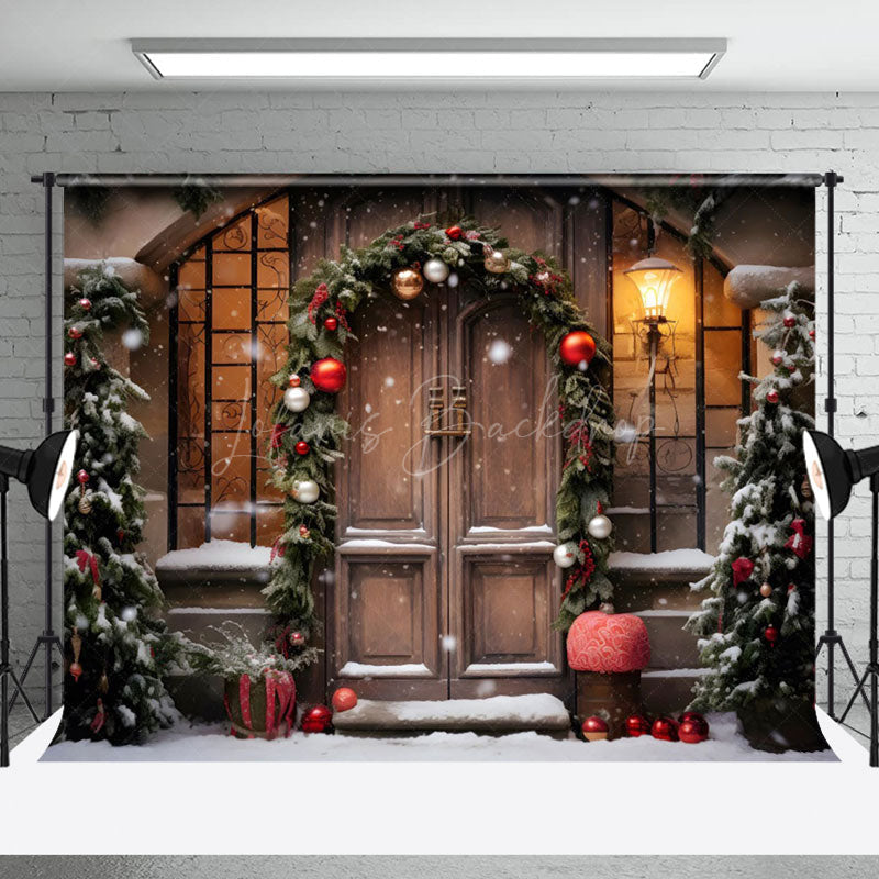 Lofaris Pine Leaves Wreath Wooden Door Christmas Backdrop