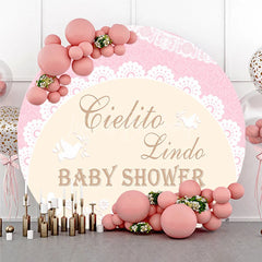 Lofaris Pink and Beige Cielito Lindo Baby Shower Round Backdrop with Delicate Lace Doves Cacti Floral Design