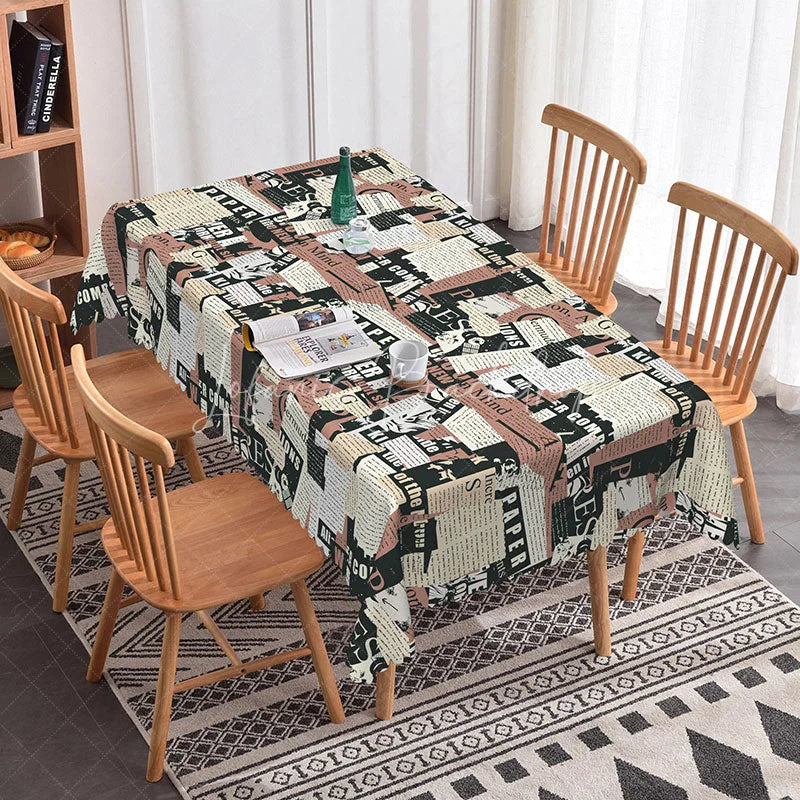 Lofaris Pink and Black Newspaper Rectangle Tablecloth Retro Collage Text Print Fashion Style Kitchen Dining Decor