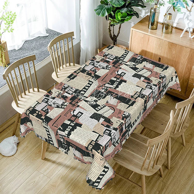 Lofaris Pink and Black Newspaper Rectangle Tablecloth Retro Collage Text Print Fashion Style Kitchen Dining Decor