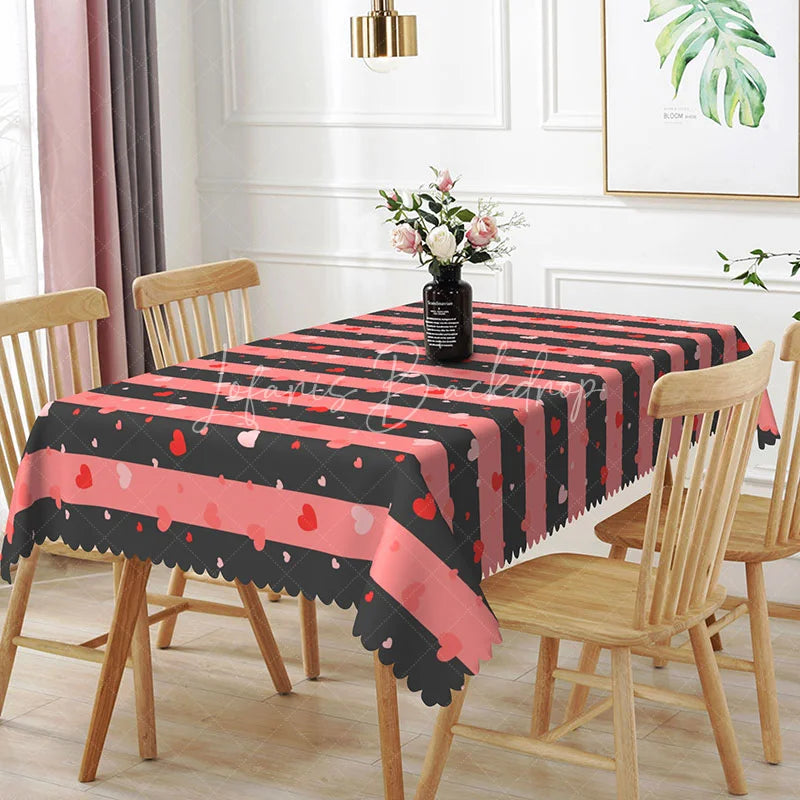 Lofaris Pink and Black Stripe Heart Rectangle Tablecloth Bold Horizontal Lines Pattern Modern Romantic Kitchen Dining Decor