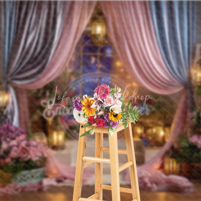 Lofaris Pink and Blue Drapes Enchanted Photography Backdrop Romantic Lanterns Floral Arrangements for Baby Shower Birthday Party