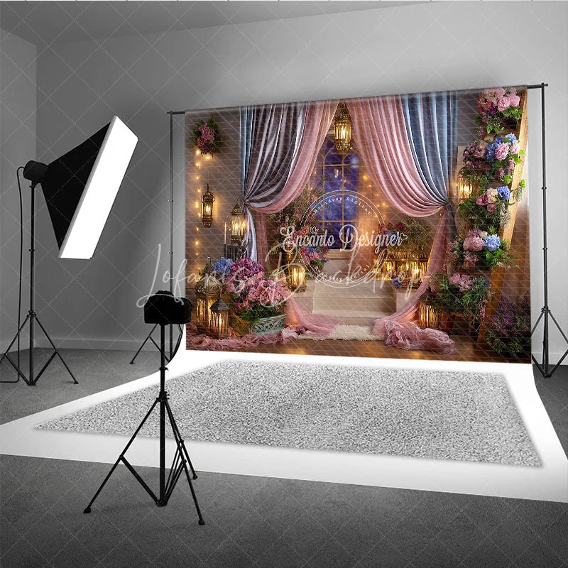 Lofaris Pink and Blue Drapes Enchanted Photography Backdrop Romantic Lanterns Floral Arrangements for Baby Shower Birthday Party