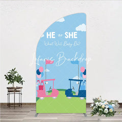 Lofaris Pink and Blue Golf Cart Gender Reveal Half Moon Arch Backdrop He or She Baby Shower Party Decor